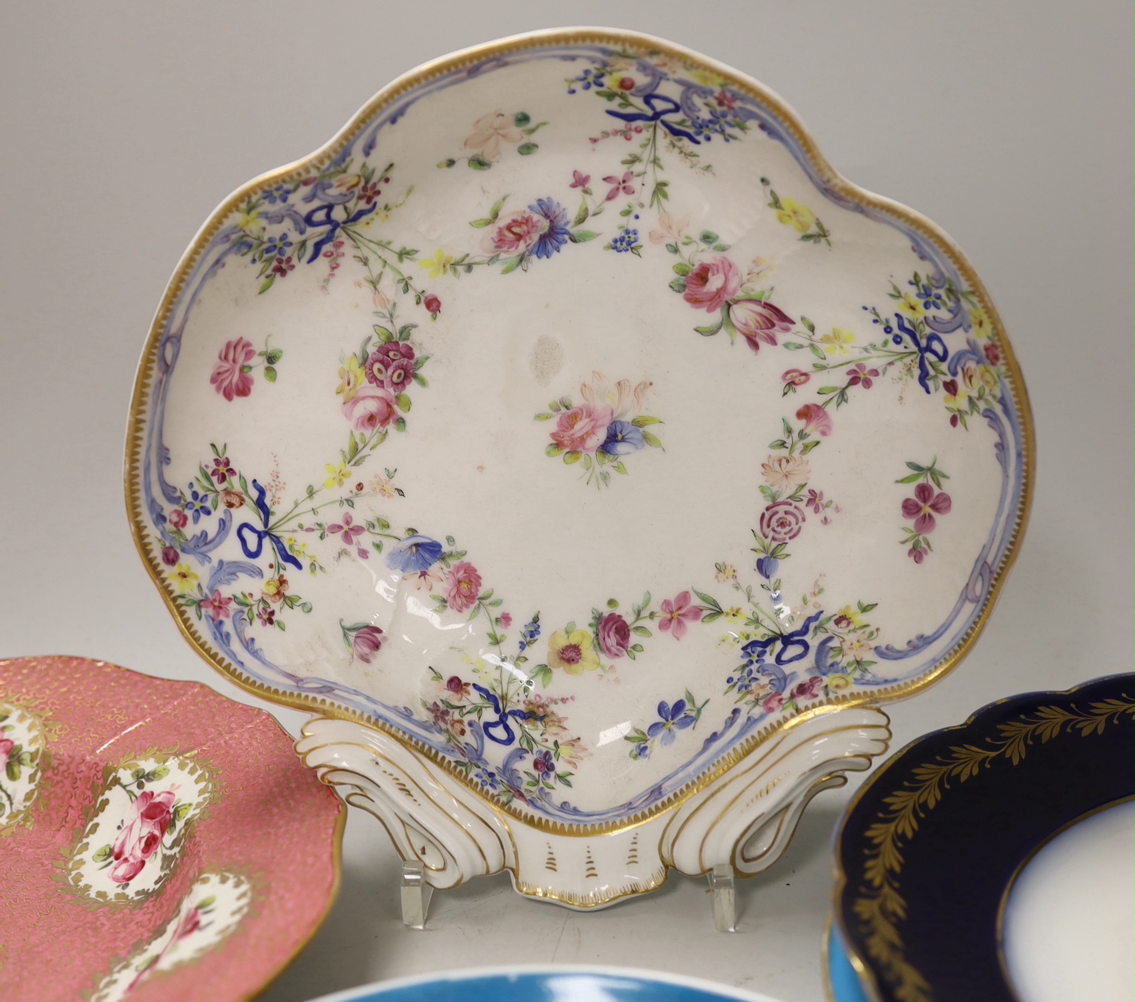 Five 19th century Sevres style porcelain plates or dishes, largest 24cm